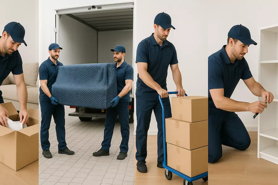 Flyttfirmapersonal packar, transporterar och monterar möbler vid en fullserviceflytt